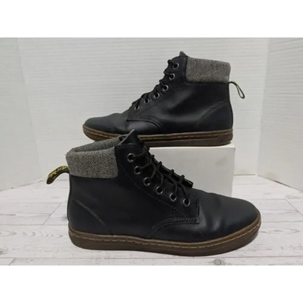 Dr. Martens Maelly Black Leather Fold-Over Cuff Herringbone Ankle Boots Women 8